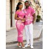 Vacation Couple Outfit Watercolor Lily Floral Print Ruched One Shoulder Bodycon Maxi Dress and Shirt Set