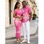 Vacation Couple Outfit Watercolor Lily Floral Print Ruched One Shoulder Bodycon Maxi Dress and Shirt Set - Rose Vif S | US 4