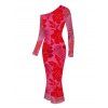 Vacation Dress Rose Floral Leaf Print Mesh Skew Neck Long Sleeve Bodycon Dress - Rouge XL | US 12