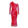 Vacation Dress Rose Floral Leaf Print Mesh Skew Neck Long Sleeve Bodycon Dress - Rouge XL | US 12