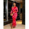 Vacation Dress Rose Floral Leaf Print Mesh Skew Neck Long Sleeve Bodycon Dress - Rouge XL | US 12