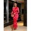 Vacation Dress Rose Floral Leaf Print Mesh Skew Neck Long Sleeve Bodycon Dress - Rouge XL | US 12
