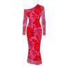 Vacation Dress Rose Floral Leaf Print Mesh Skew Neck Long Sleeve Bodycon Dress - Rouge XL | US 12
