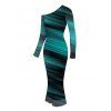 Elegant Dress Ombre Striped Print Mesh Skew Neck Long Sleeve Bodycon Dress - Noir XL | US 12