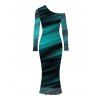 Elegant Dress Ombre Striped Print Mesh Skew Neck Long Sleeve Bodycon Dress - Noir XL | US 12
