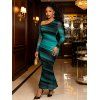 Elegant Dress Ombre Striped Print Mesh Skew Neck Long Sleeve Bodycon Dress - Noir XL | US 12
