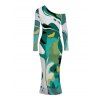 Elegant Dress Abstract Art Green Tone Blur Dye Print Skew Neck Mesh Long Sleeve Bodycon Dress - Vert profond M | US 6