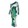 Elegant Dress Abstract Art Green Tone Blur Dye Print Skew Neck Mesh Long Sleeve Bodycon Dress - Vert profond XL | US 12