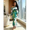 Elegant Dress Abstract Art Green Tone Blur Dye Print Skew Neck Mesh Long Sleeve Bodycon Dress - Vert profond XL | US 12