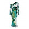 Elegant Dress Abstract Art Green Tone Blur Dye Print Skew Neck Mesh Long Sleeve Bodycon Dress - Vert profond XL | US 12