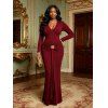Elegant Cocktail Dress Solid Color Plunging Neck Metal Decor Long Sleeve Bodycon Dress - Rouge Vineux M | US 6