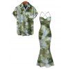 Vintage Couple Outfit Ink Painting Tie Dye Print Crisscross Mermaid Bodycon Dress and Shirt Set - Vert Armée S | US 4