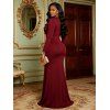Elegant Cocktail Dress Solid Color Plunging Neck Metal Decor Long Sleeve Bodycon Dress - Rouge Vineux M | US 6