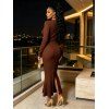 Elegant Dress Solid Color Surplice Metal Ring Plunging Neck Long Sleeve Bodycon Dress - CARAMEL COLOR XXL | US 14