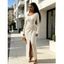 Elegant Dress Irregular Neckline Solid Color Knit Texture Metal Ring Long Sleeve Maxi Slit Dress - Rouge Vineux M | US 6