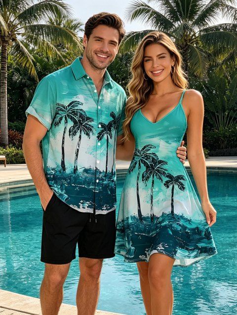 Vacation Style Coconut Printed Strapless Dress with Mens Short Sleeve Shirt and Mens Beach Pants Three Piece Set