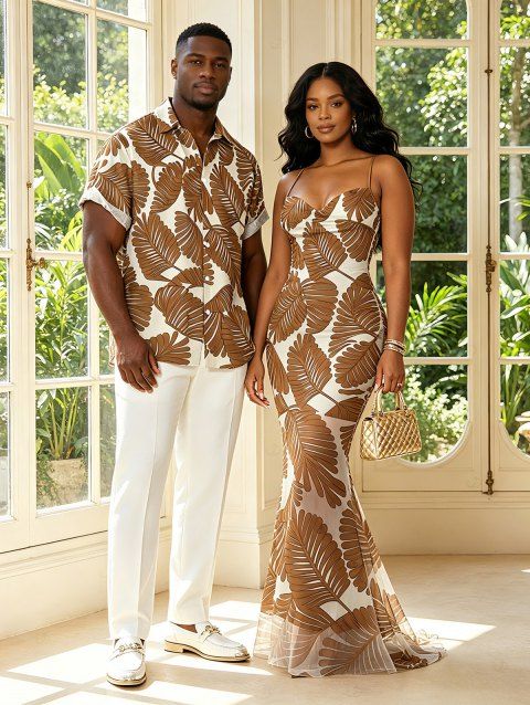 Beach Vacation Couple Outfit Tropical Palm Leaf Print Crisscross Ruched Mesh Bodycon Dress and Short Sleeve Shirt Set