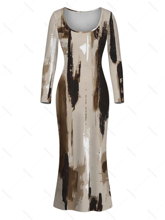 Elegant Dress Art Graffiti Ink Wash Print Scoop Neck Long Sleeve Bodycon Dress - Brun M | US 6