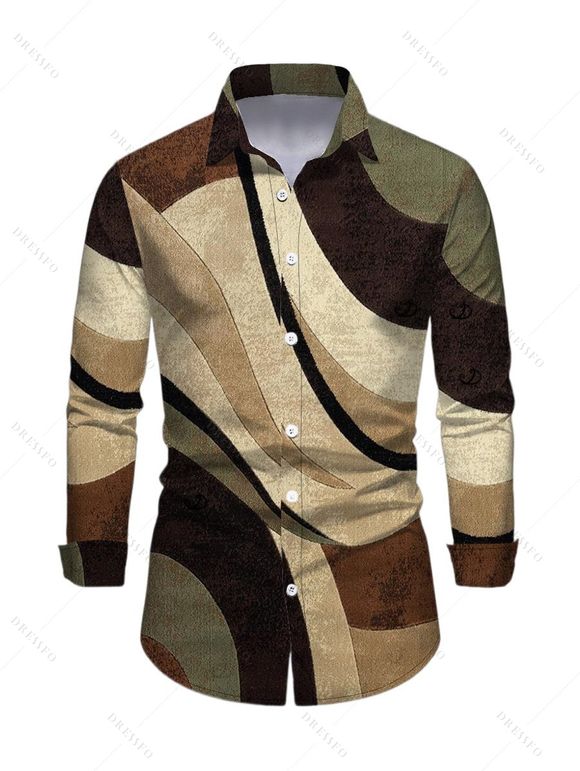 Men's Vintage Shirt Colorblock Geometric Diagonal Stripe Print Button Up Long Sleeve Shirt - Brun M