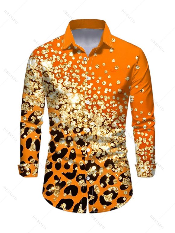 Men's Winter Shirt Ombre Leopard Sequin Print Button Up Long Sleeve Shirt - Orange Foncé 5XL