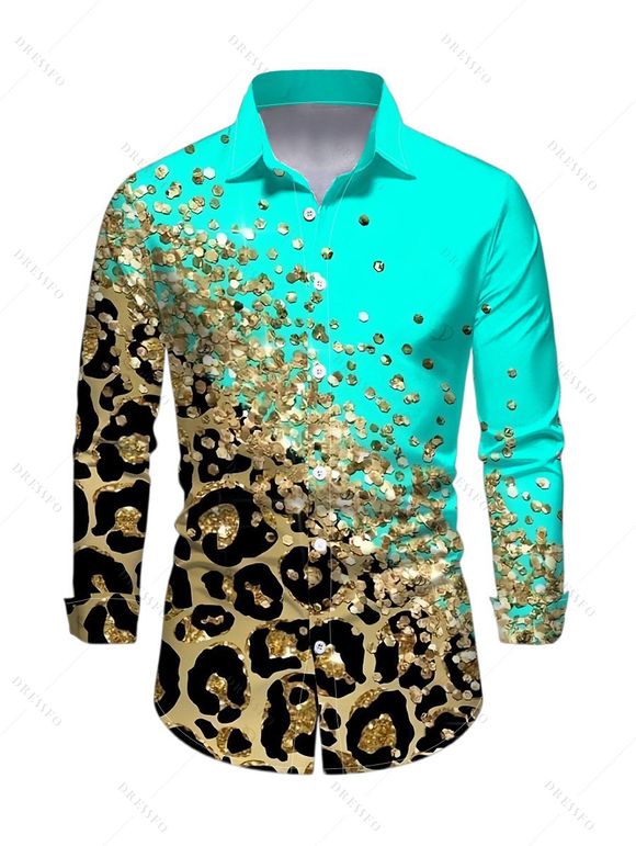 Men's Winter Shirt Ombre Leopard Sequin Print Button Up Long Sleeve Shirt - Turquoise M
