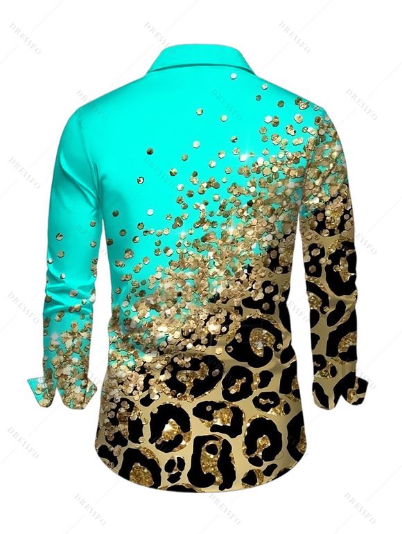 Men's Winter Shirt Ombre Leopard Sequin Print Button Up Long Sleeve Shirt - Turquoise M
