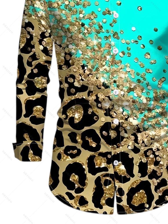 Men's Winter Shirt Ombre Leopard Sequin Print Button Up Long Sleeve Shirt - Turquoise M