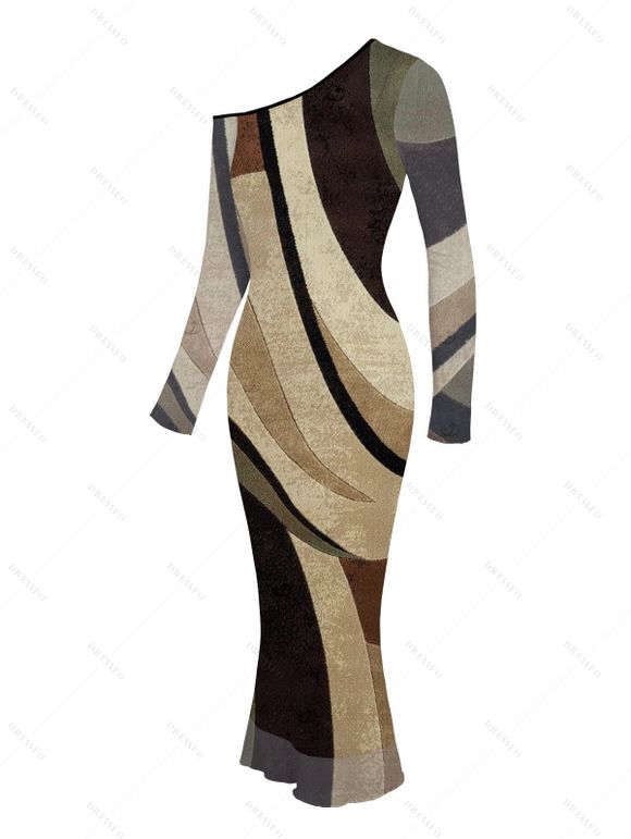 Vintage Dress Colorblock Geometric Diagonal Stripe Print Skew Neck Mesh Long Sleeve Bodycon Dress - Brun S | US 4
