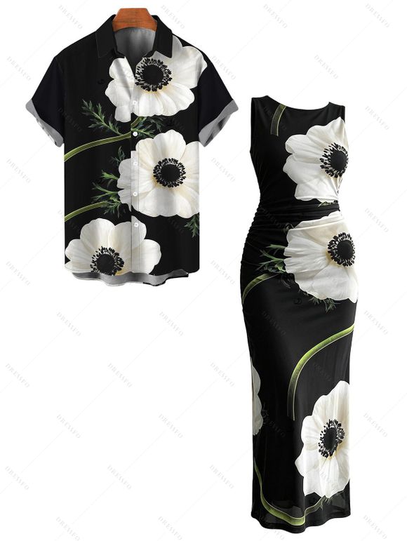 Vintage Couple Outfit Floral Print Mesh Panel Bodycon Maxi Dress and Short Sleeve Shirt Set - Noir S | US 4