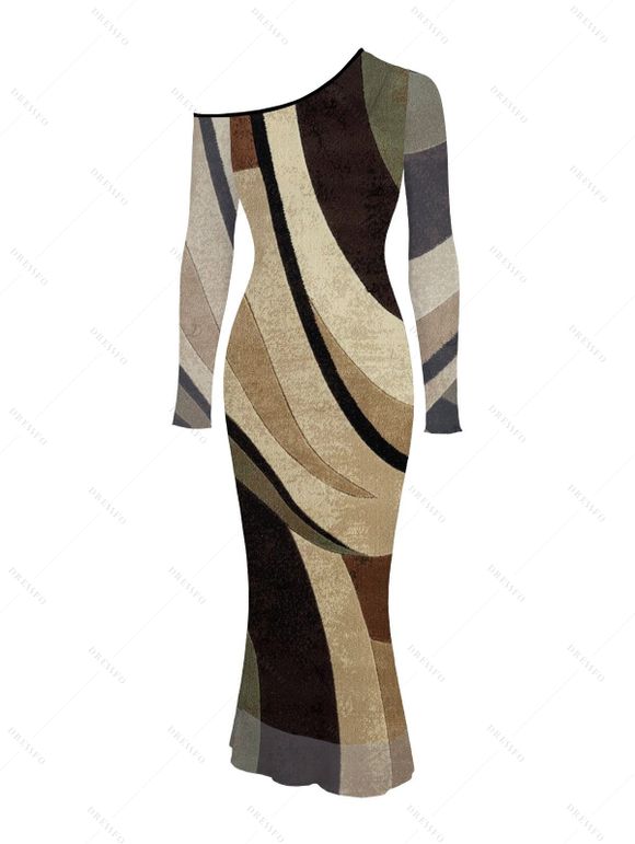 Vintage Dress Colorblock Geometric Diagonal Stripe Print Skew Neck Mesh Long Sleeve Bodycon Dress - Brun S | US 4