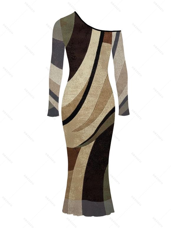 Vintage Dress Colorblock Geometric Diagonal Stripe Print Skew Neck Mesh Long Sleeve Bodycon Dress - Brun S | US 4