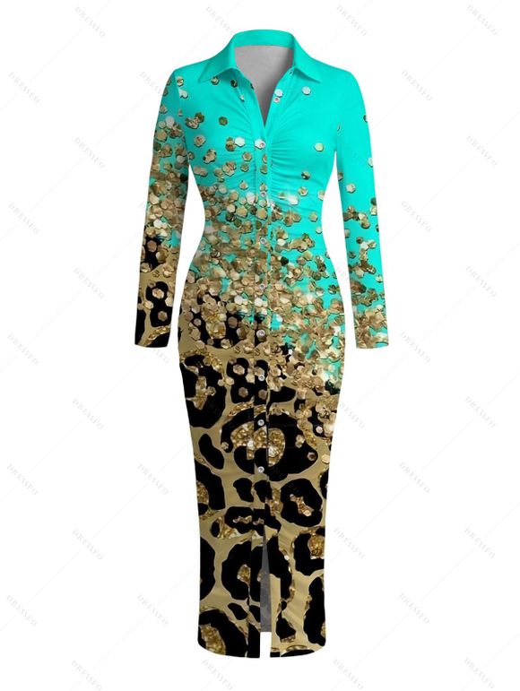 Long Sleeve Shirt Dress Ombre Leopard Sequin Print Ruched Turn Down Collar Button Up Bodycon Dress - Turquoise S | US 4