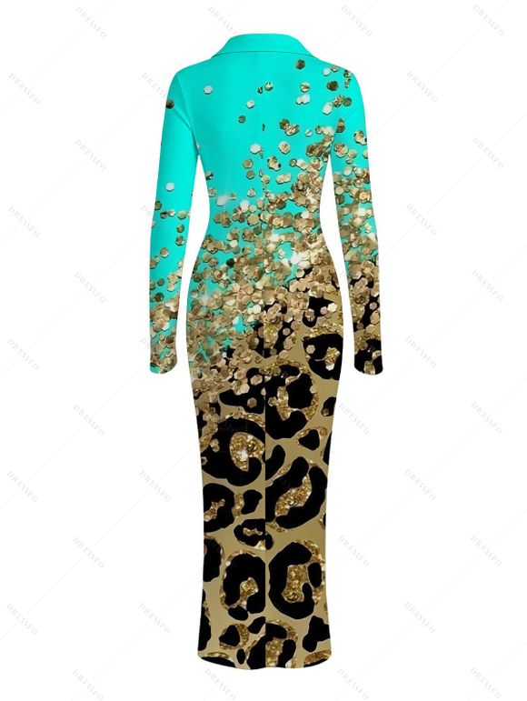 Long Sleeve Shirt Dress Ombre Leopard Sequin Print Ruched Turn Down Collar Button Up Bodycon Dress - Turquoise S | US 4