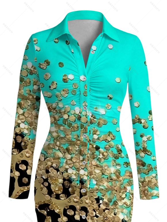 Long Sleeve Shirt Dress Ombre Leopard Sequin Print Ruched Turn Down Collar Button Up Bodycon Dress - Turquoise S | US 4