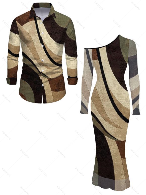 Vintage Couple Outfit Colorblock Geometric Diagonal Stripe Print Skew Neck Mesh Bodycon Dress and Long Sleeve Shirt Set - Brun S | US 4