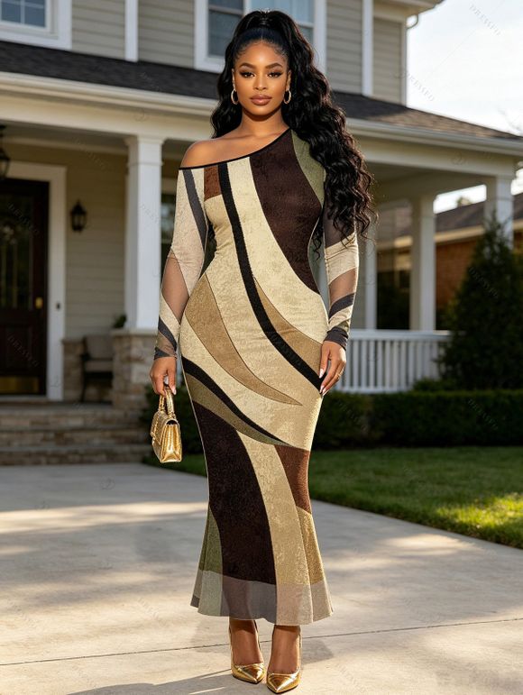 Vintage Couple Outfit Colorblock Geometric Diagonal Stripe Print Skew Neck Mesh Bodycon Dress and Long Sleeve Shirt Set - Brun S | US 4