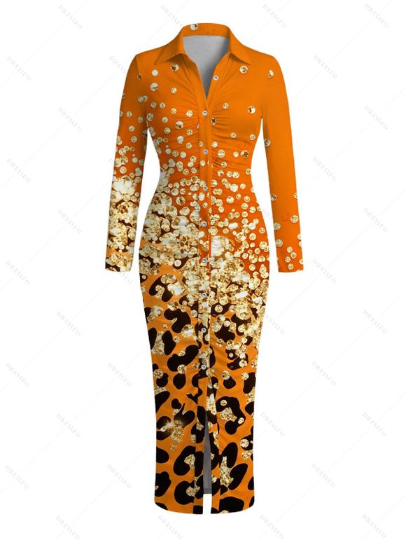 Long Sleeve Shirt Dress Ombre Leopard Sequin Print Ruched Turn Down Collar Button Up Bodycon Dress - Orange Foncé XXL | US 14