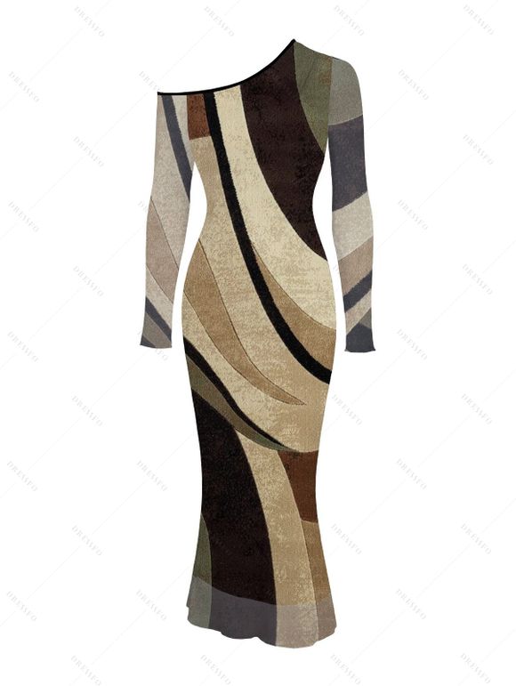 Vintage Couple Outfit Colorblock Geometric Diagonal Stripe Print Skew Neck Mesh Bodycon Dress and Long Sleeve Shirt Set - Brun S | US 4