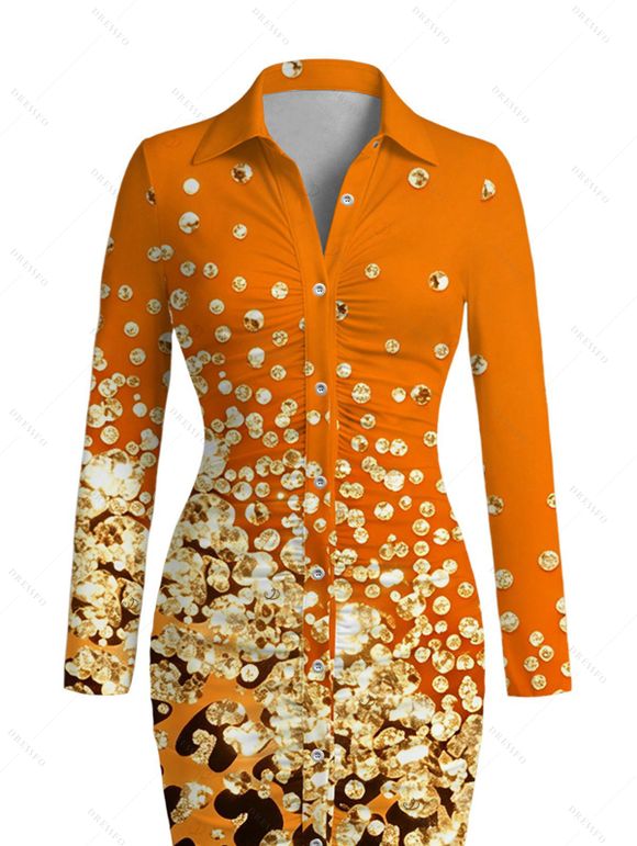 Long Sleeve Shirt Dress Ombre Leopard Sequin Print Ruched Turn Down Collar Button Up Bodycon Dress - Orange Foncé XXL | US 14