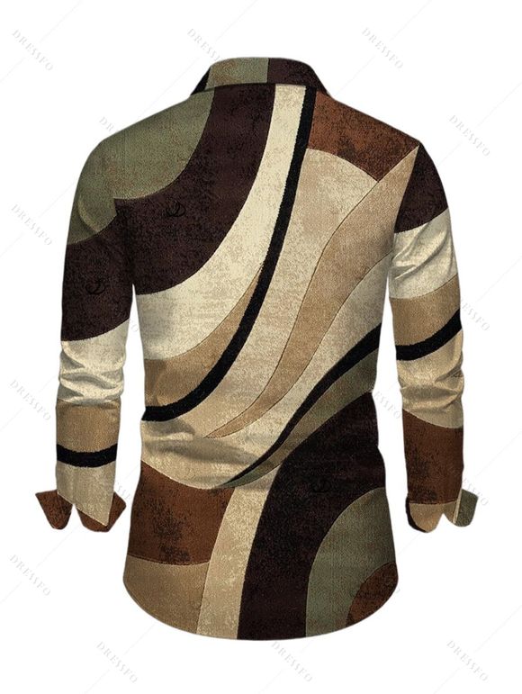 Vintage Couple Outfit Colorblock Geometric Diagonal Stripe Print Skew Neck Mesh Bodycon Dress and Long Sleeve Shirt Set - Brun S | US 4