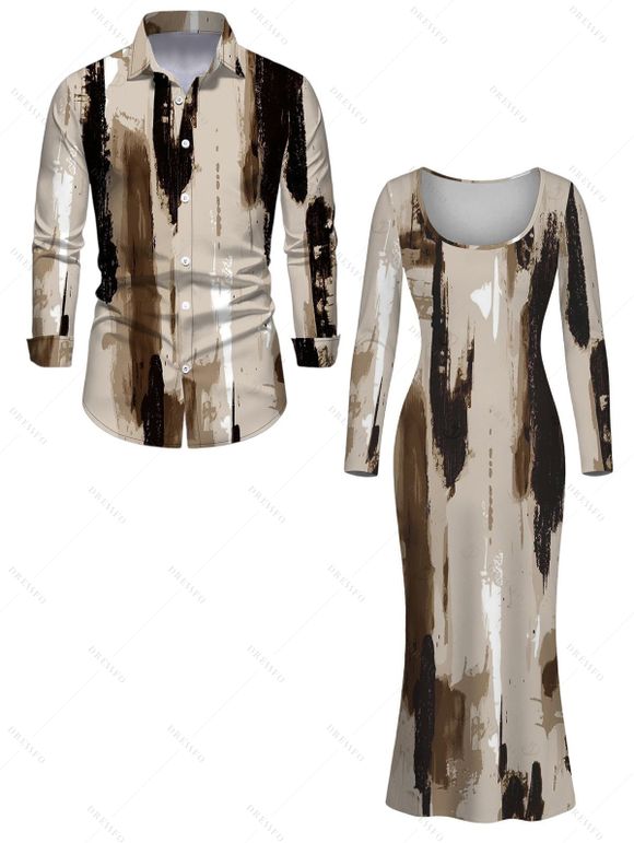 Winter Couple Outfit Art Graffiti Ink Wash Print Scoop Neck Bodycon Dress and Long Sleeve Shirt Set - Brun S | US 4