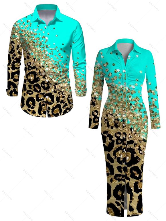 Winter Couple Outfit Ombre Leopard Sequin Print Ruched Turn Down Collar Button Up Bodycon Shirt Dress and Long Sleeve Shirt Set - Turquoise S | US 4