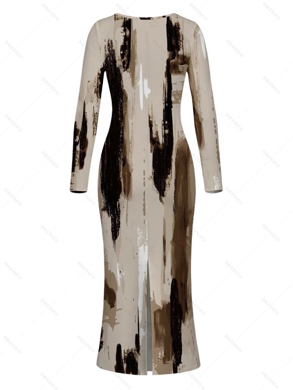 Winter Couple Outfit Art Graffiti Ink Wash Print Scoop Neck Bodycon Dress and Long Sleeve Shirt Set - Brun S | US 4