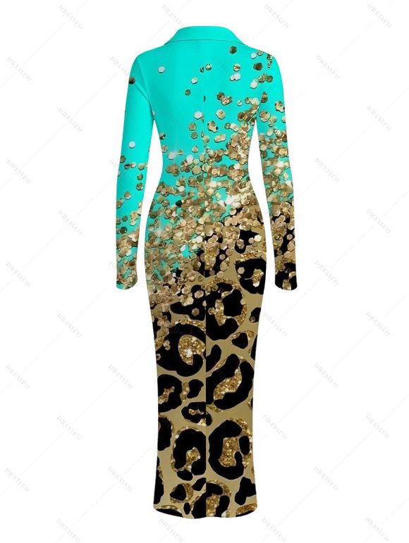 Winter Couple Outfit Ombre Leopard Sequin Print Ruched Turn Down Collar Button Up Bodycon Shirt Dress and Long Sleeve Shirt Set - Turquoise S | US 4