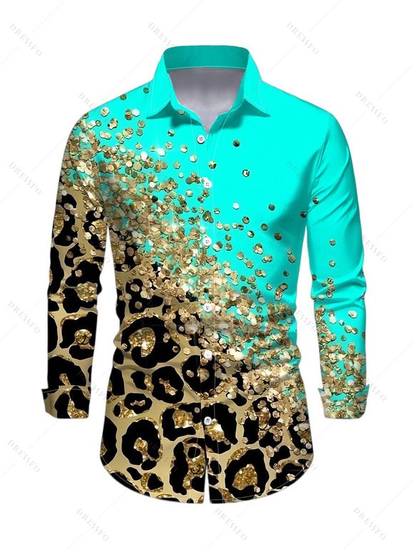 Winter Couple Outfit Ombre Leopard Sequin Print Ruched Turn Down Collar Button Up Bodycon Shirt Dress and Long Sleeve Shirt Set - Turquoise S | US 4