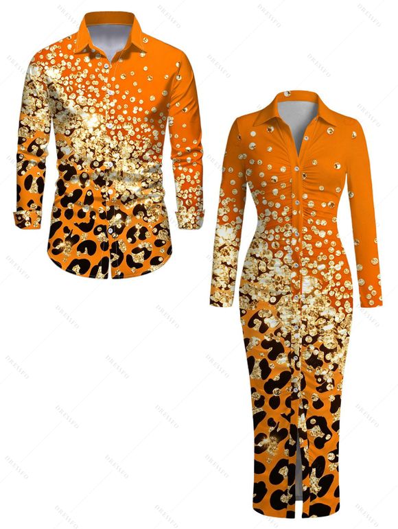 Winter Couple Outfit Ombre Leopard Sequin Print Ruched Turn Down Collar Button Up Bodycon Shirt Dress and Long Sleeve Shirt Set - Orange Foncé S | US 4