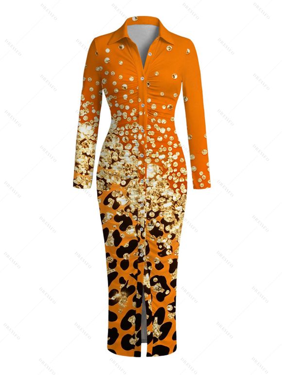Winter Couple Outfit Ombre Leopard Sequin Print Ruched Turn Down Collar Button Up Bodycon Shirt Dress and Long Sleeve Shirt Set - Orange Foncé S | US 4