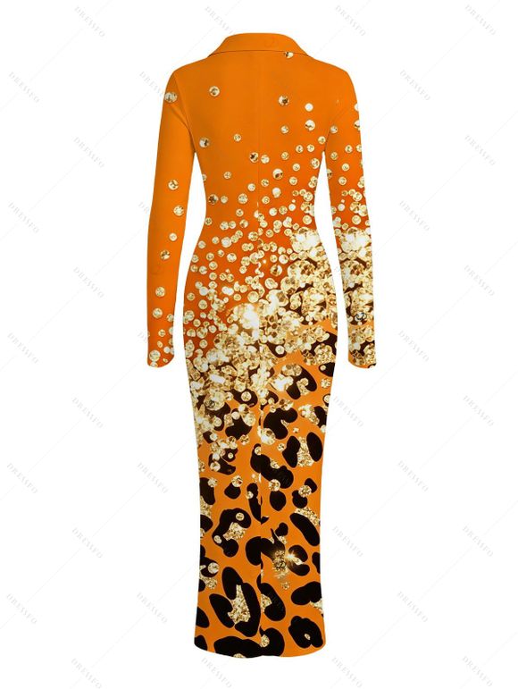 Winter Couple Outfit Ombre Leopard Sequin Print Ruched Turn Down Collar Button Up Bodycon Shirt Dress and Long Sleeve Shirt Set - Orange Foncé S | US 4