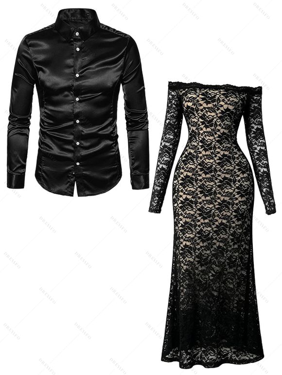 Party Couple Outfit Lace Off Shoulder Long Sleeve Slim Fit Maxi Dress and Long Sleeve Satin Shirt Set - Noir S | US 4