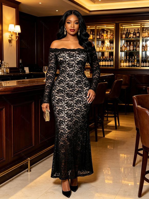 Party Couple Outfit Lace Off Shoulder Long Sleeve Slim Fit Maxi Dress and Long Sleeve Satin Shirt Set - Noir S | US 4